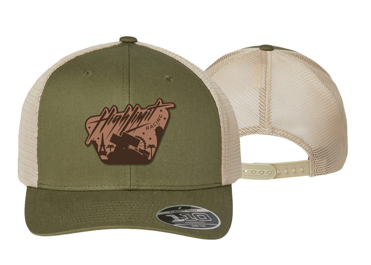 Kubota High Limit Night Life ~ Flexfit Mesh-Back ~ Snapback Cap w/ Leather Patch - Olive / Khaki