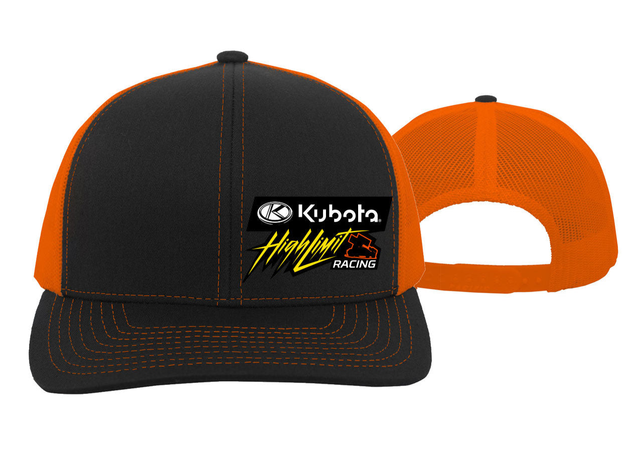 Kubota High Limit ~ Front Left Logo ~ Trucker Snapback Hat - Black / Neon Orange