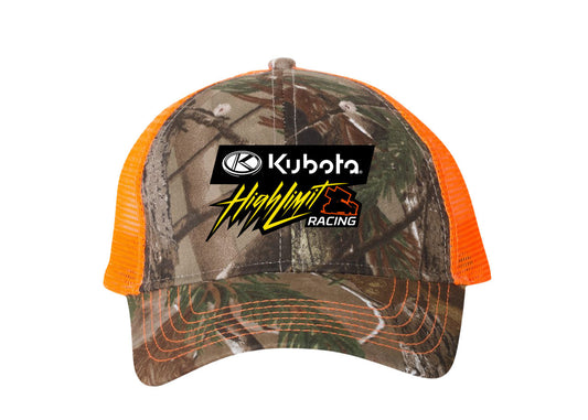 Kubota High Limit ~ Full Front Logo ~ Camo Mesh Back Hat - Realtree AP / Neon Orange