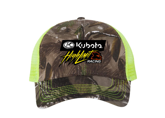 Kubota High Limit ~ Full Front Logo ~ Camo Mesh Back Hat - Realtree AP / Neon Yellow