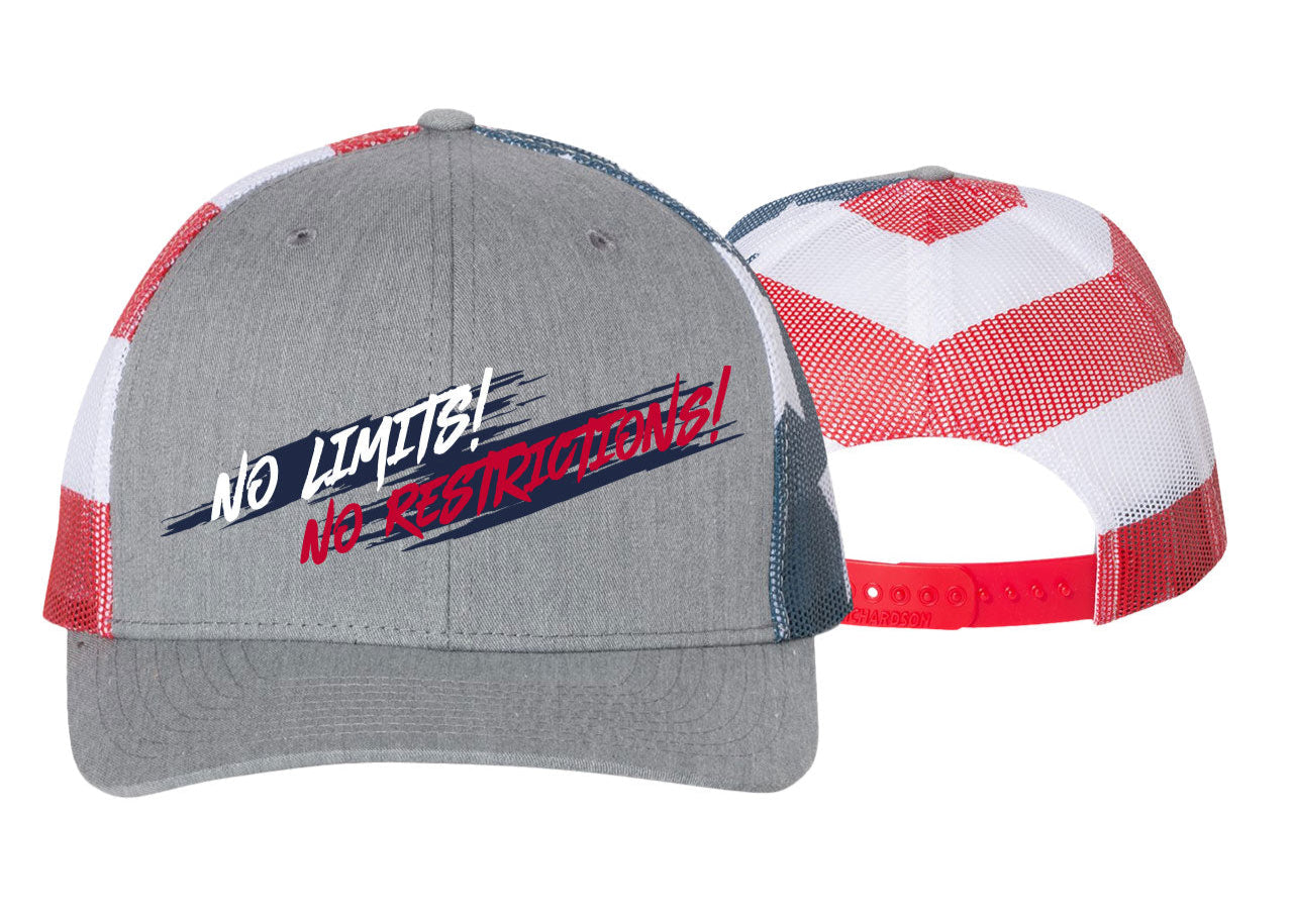 No Limits No Restrictions ~ Trucker Snapback Hat - Heather Grey w/ Stars & Stripes